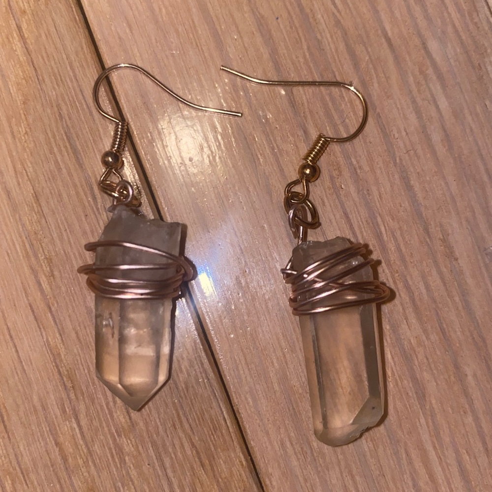 Handmade earrings. Quarts wrapped in rose gold wire.